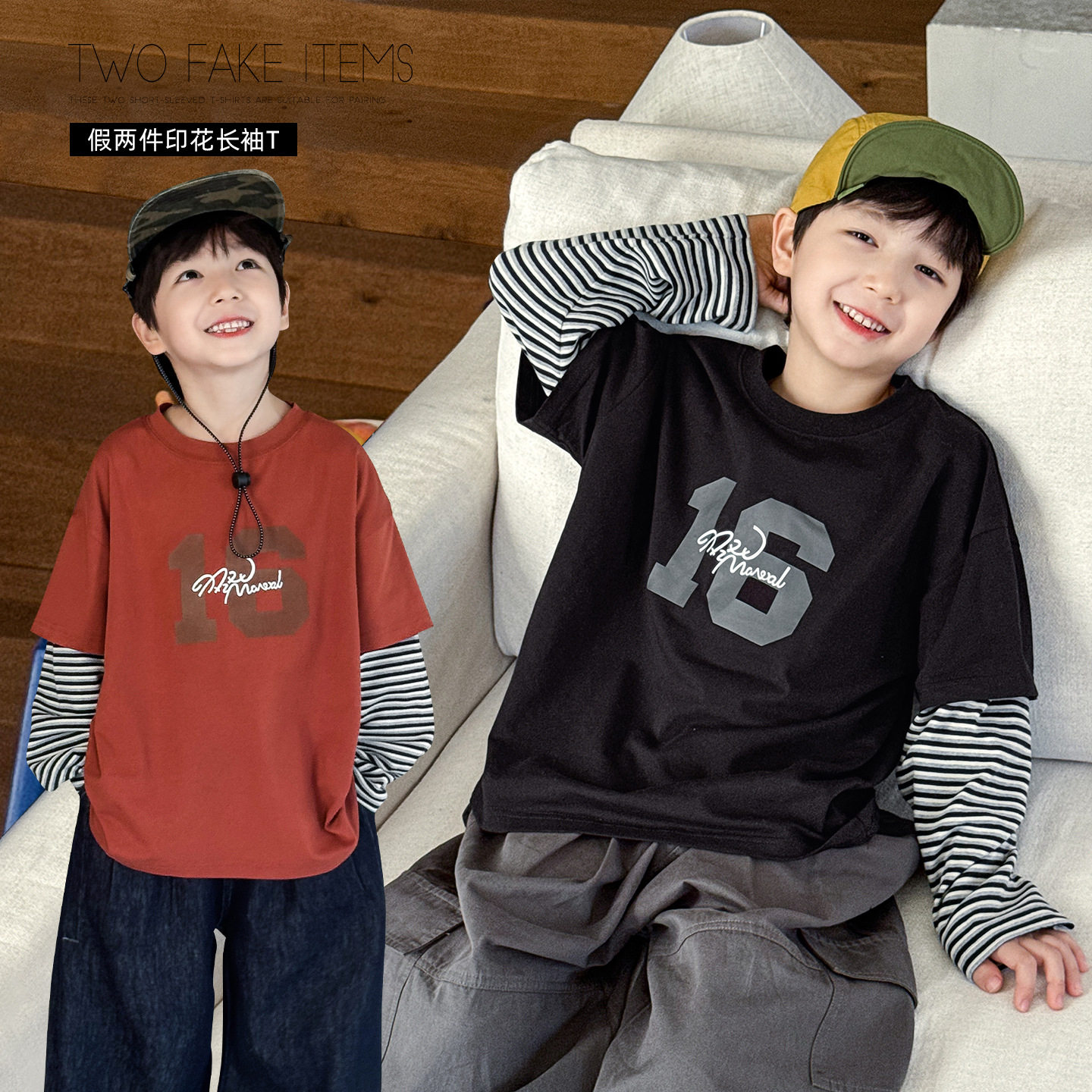 cookie kids 春季款 中小儿童时尚数字印花条纹假两件圆领长袖T恤