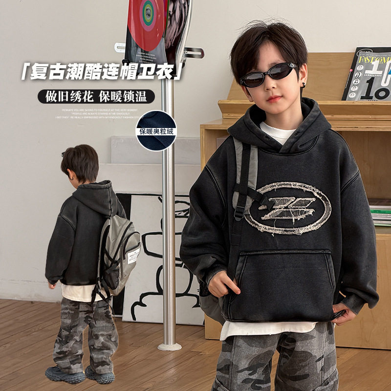 cookie kids 冬季款 中小儿童时尚做旧刺绣痞帅风加绒连帽卫衣潮