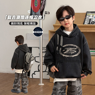 cookie kids 冬季款 中小儿童时尚做旧刺绣痞帅风加绒连帽卫衣潮