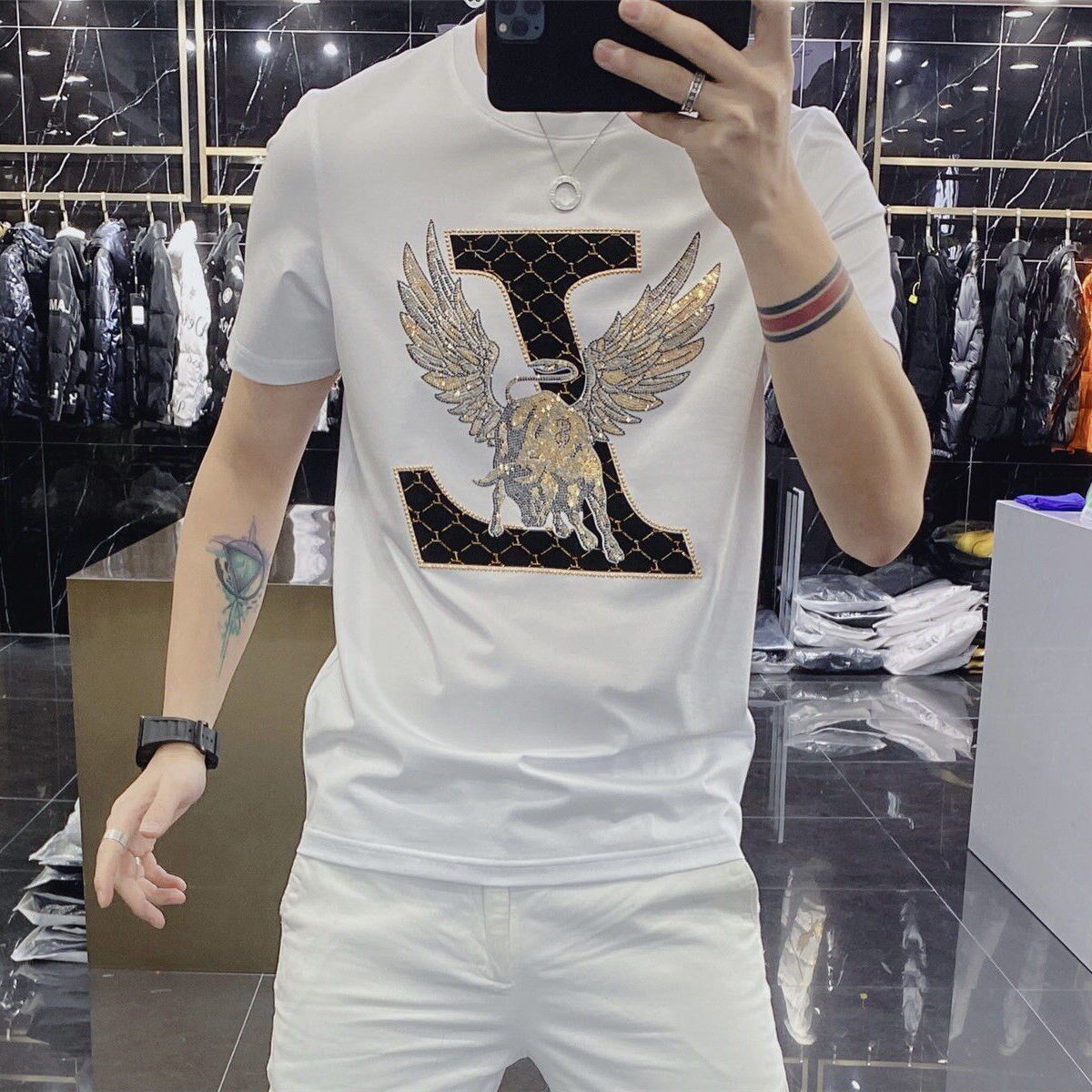 夏季新款短袖欧洲站潮流休闲圆领个性修身烫钻透气薄款纯棉T恤男