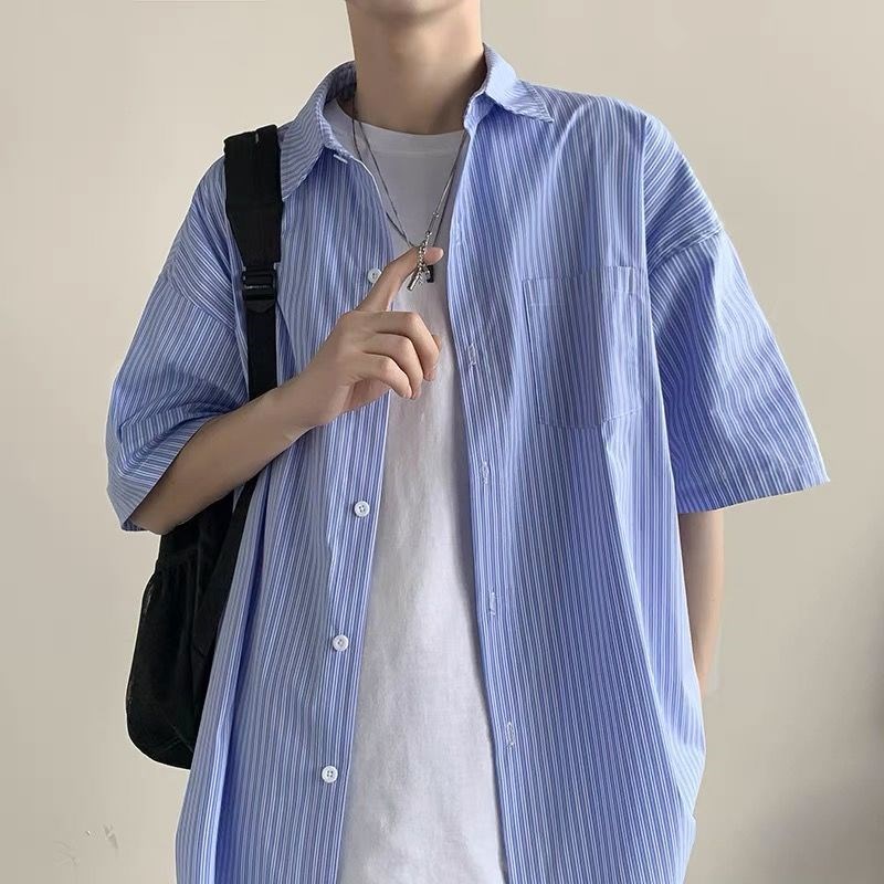 条纹衬衫男港风宽松短袖小清新