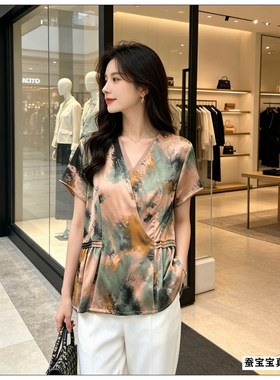 水墨印花收腰 V 领真丝上衣妈妈优雅宽松显瘦桑蚕丝短袖衬衫大码