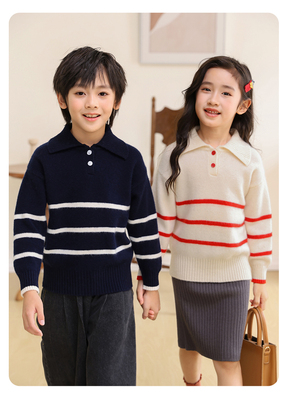 新款100%纯羊毛双股加厚儿童翻领条纹毛衣男女童保暖打底衫T40