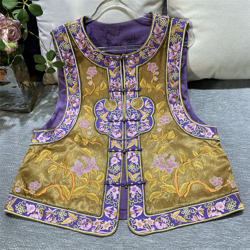 黄裳子醋酸刺绣如意头中式马甲