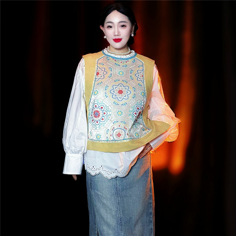 黄裳子亚麻醋酸打籽绣中式马甲