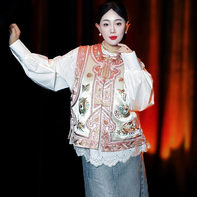 黄裳子醋酸刺绣如意头中式马甲