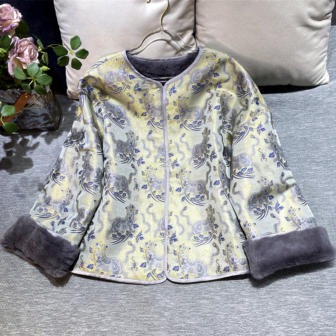 黄裳子真丝宋锦兔毛皮草中式外套