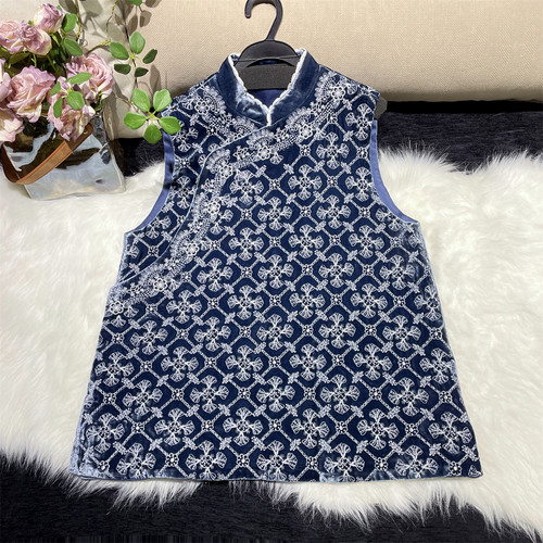 黄裳子真丝丝绒钉珠刺绣中式马甲