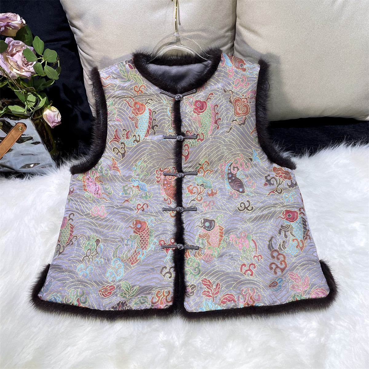 【七彩锦鲤】新中式国风真丝妆花云锦水貂毛边加棉马甲马夹短上衣