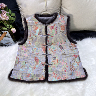 【七彩锦鲤】新中式国风真丝妆花云锦水貂毛边加棉马甲马夹短上衣