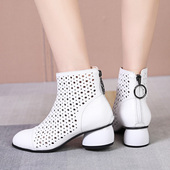 裸靴夏季 粗跟透气洞洞鞋 妈妈凉靴 春款 镂空短靴女真皮单靴2026新款