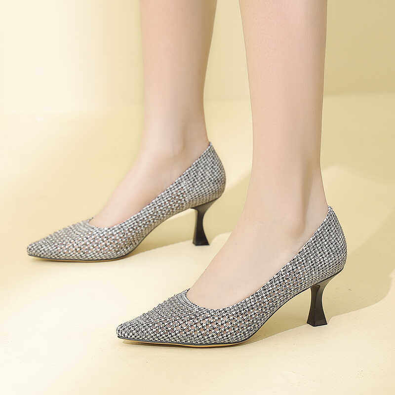 细跟高跟鞋镂空女鞋春夏季浅口尖头水钻单鞋2025新款低跟包头凉鞋