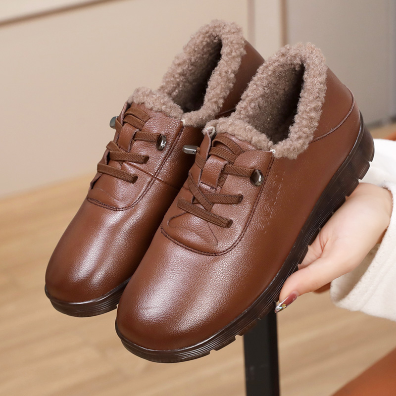 加绒加厚真皮棉鞋女冬季妈妈鞋保暖中老年休闲皮鞋大码女鞋毛毛鞋