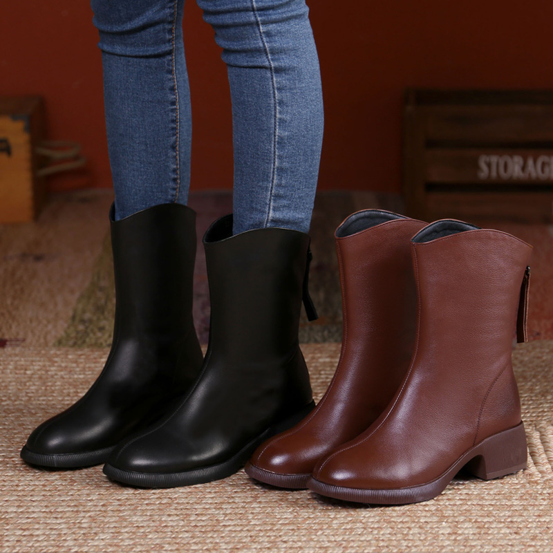 全牛皮靴子真皮中筒靴冬季加绒加厚瘦瘦靴女士骑士马丁靴大码女靴
