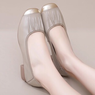 软皮浅口单鞋女夏新款一脚蹬女鞋真皮软底妈妈鞋不累脚平底小皮鞋