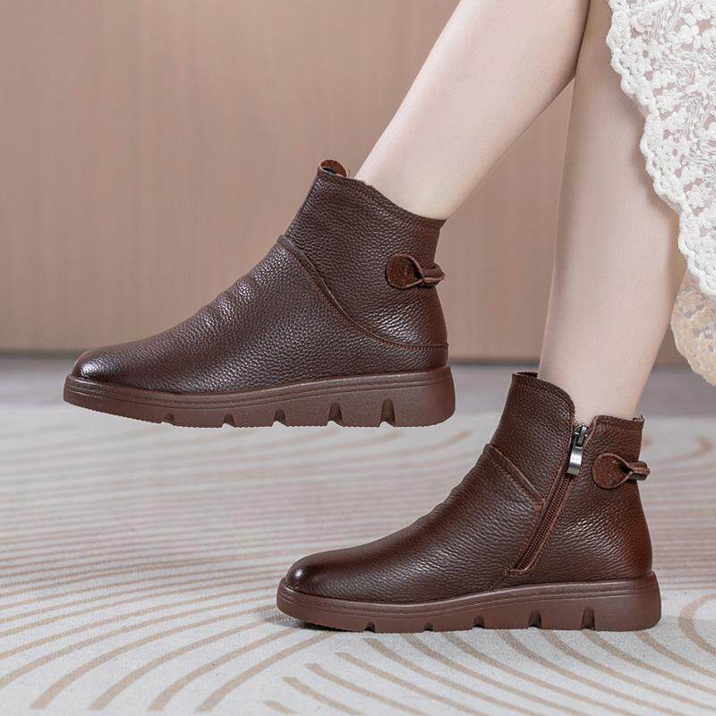 真皮短靴女软皮靴子冬季中老年妈妈鞋软底防滑加绒棉靴圆头马丁靴