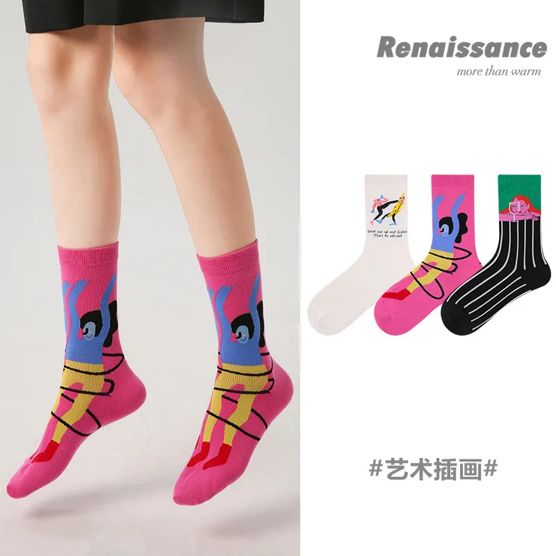 文艺复兴原创设计女袜秋季新款艺术插画复古潮袜盒装精梳棉袜子女