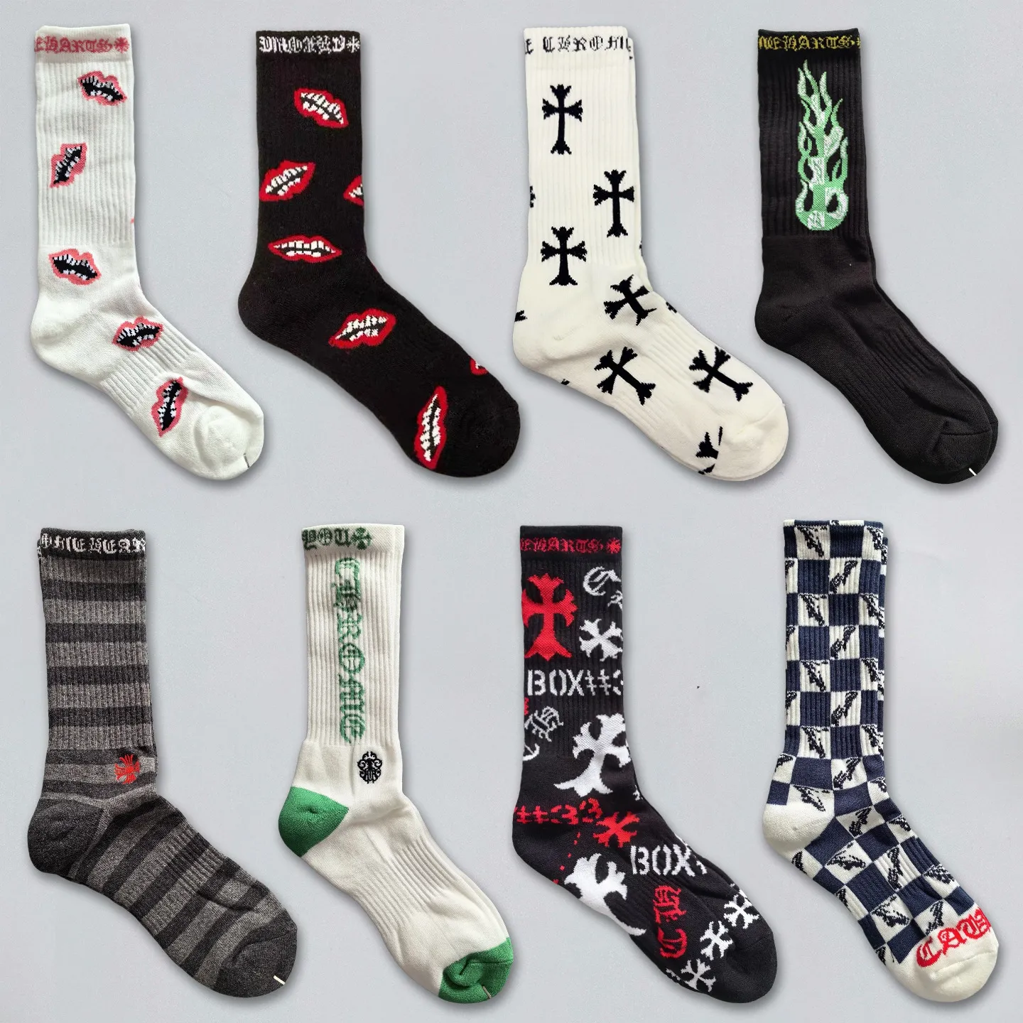 新款克罗爱心袜子涂鸦红唇条纹字母毛巾底男女中筒运动袜欧美街头