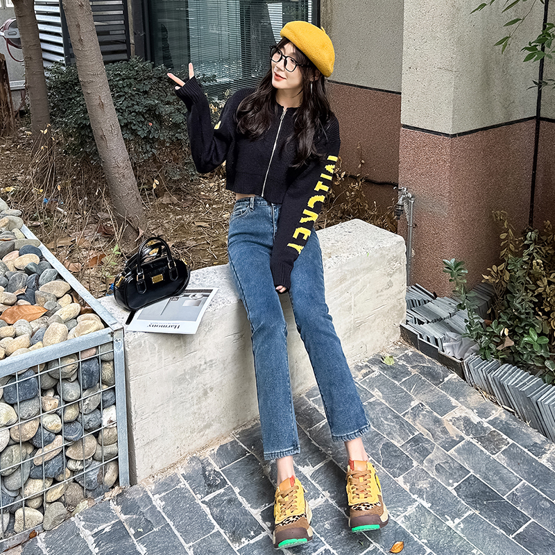 实拍881秋冬加绒加厚牛仔裤女新款直筒裤高腰显瘦弹力紧身烟管裤