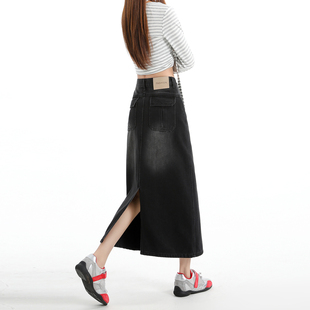 春季黑灰色高腰牛仔半身裙女2026新款开叉设计感中长款显瘦包臀裙