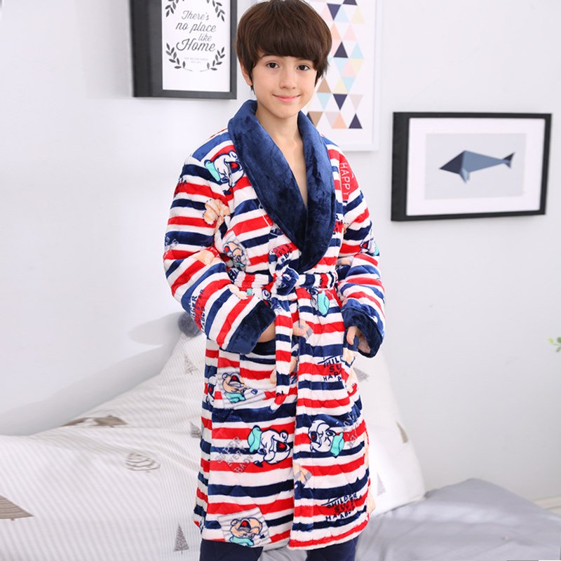 男童秋冬加厚款睡袍浴袍珊瑚绒夹棉中大儿童男孩子宝宝法兰绒睡衣