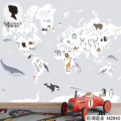 腔调壁画儿童房卡通动物世界地图小孩房男孩房卧室稚幼园M2640
