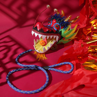 民俗手工艺复古风手绳龙甩龙烫金彩带手工手持龙头飘带单人舞龙