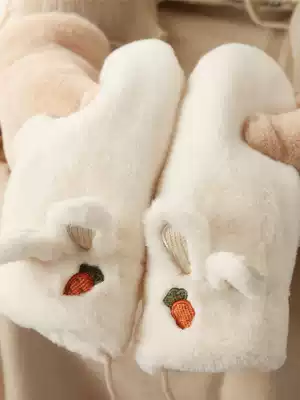 Peijin lanyard plush gloves female winter sweet cute little rabbit plus velvet liner fluff bag finger gloves to keep warm