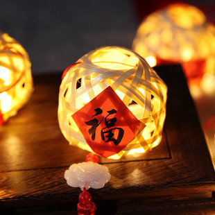 复古风手编小竹篓竹编小灯笼儿童手提花灯发光福字喜字宫灯中秋节