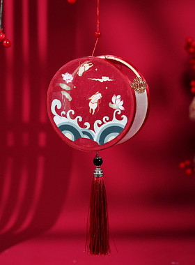大红色团扇发光花灯圆流苏汉服跳舞蹈手提兔子中秋节灯笼宫灯扇子
