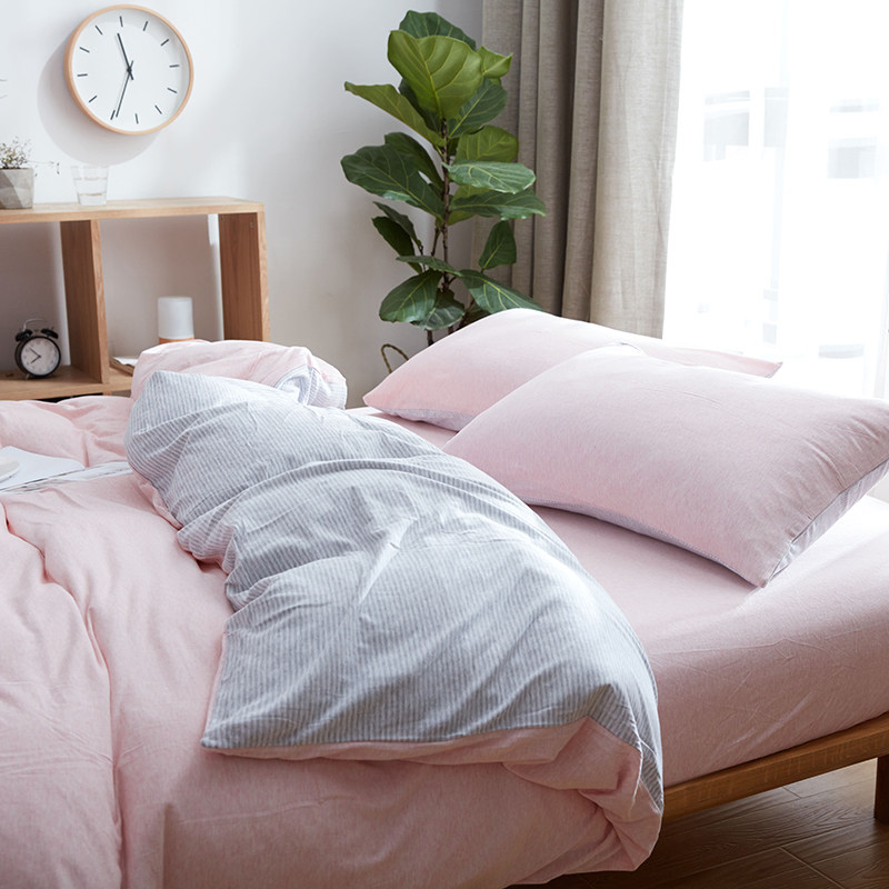 天竺棉四件套全棉简约双人针织棉被套床单纯棉床笠床上用品三件套