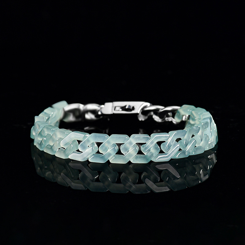 天然A货缅甸翡翠冰种蓝水古巴手链玉石钛钢嘻哈风格潮流手饰真品