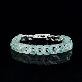 天然A货缅甸翡翠冰种蓝水古巴手链玉石钛钢嘻哈风格 潮流手饰真品