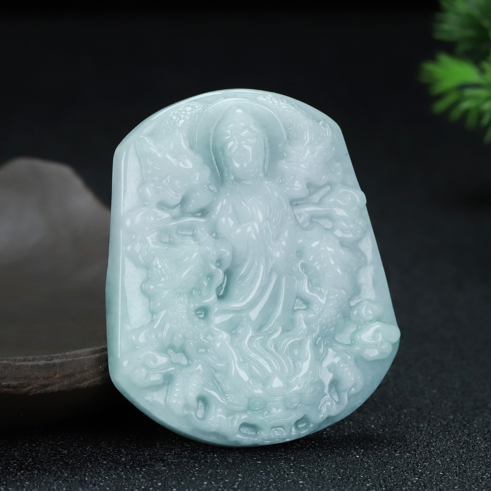 缅甸翡翠A货糯种玉九龙观音双面雕刻生肖龙吊坠玉器玉石玉佩挂件