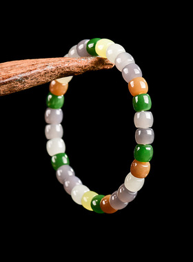 正品天然老料新疆和田玉多彩鼓珠手链玉石女款手串送礼高档新中式