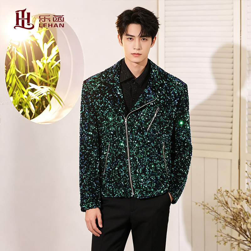 明星同款高端男士亮片机车服图片