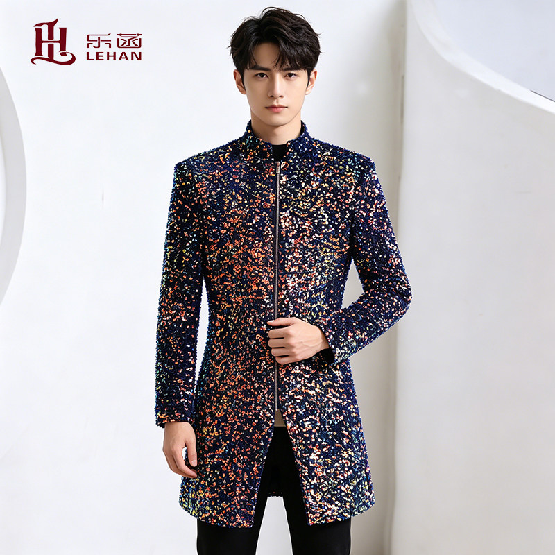【清仓】男幻彩丝绒亮片立领中长款演出服休闲西装男歌手走秀礼服