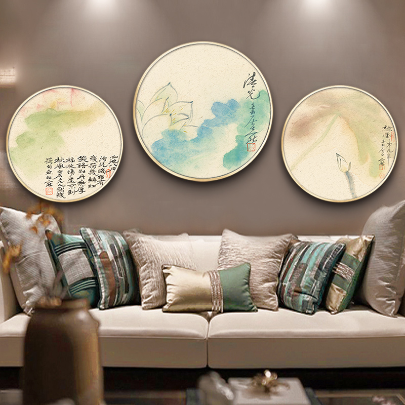 新中式客厅沙发背景墙装饰画现代餐厅圆形壁画书房禅意荷花挂画图片