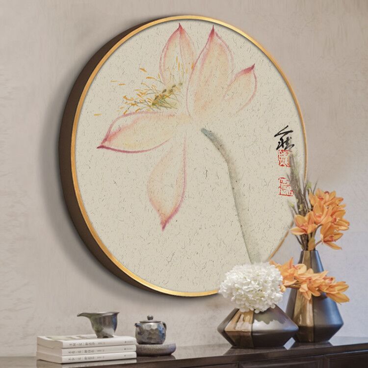 现代新中式入户玄关装饰画餐厅壁画书房茶室禅意荷花圆形挂画人然图片