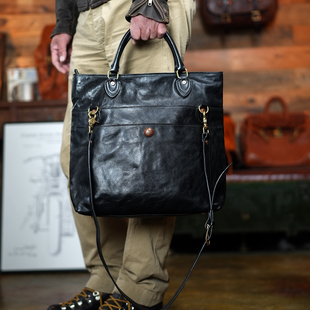 牛爷 木村同款小号复古日系男士牛皮托特包真皮公文包斜跨单肩包