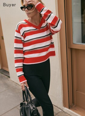 【TT Heavi】直邮代购 针织混纺金葱条纹V领长袖女毛衣 26春夏