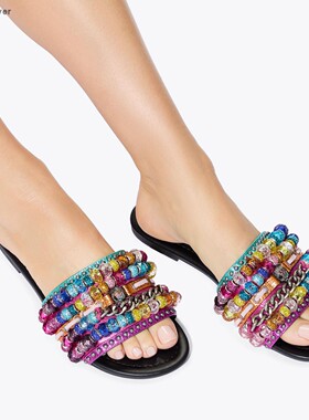 【TT Heavi】直邮代购 牛皮彩色穿珠水钻平底一字女拖鞋 26春夏