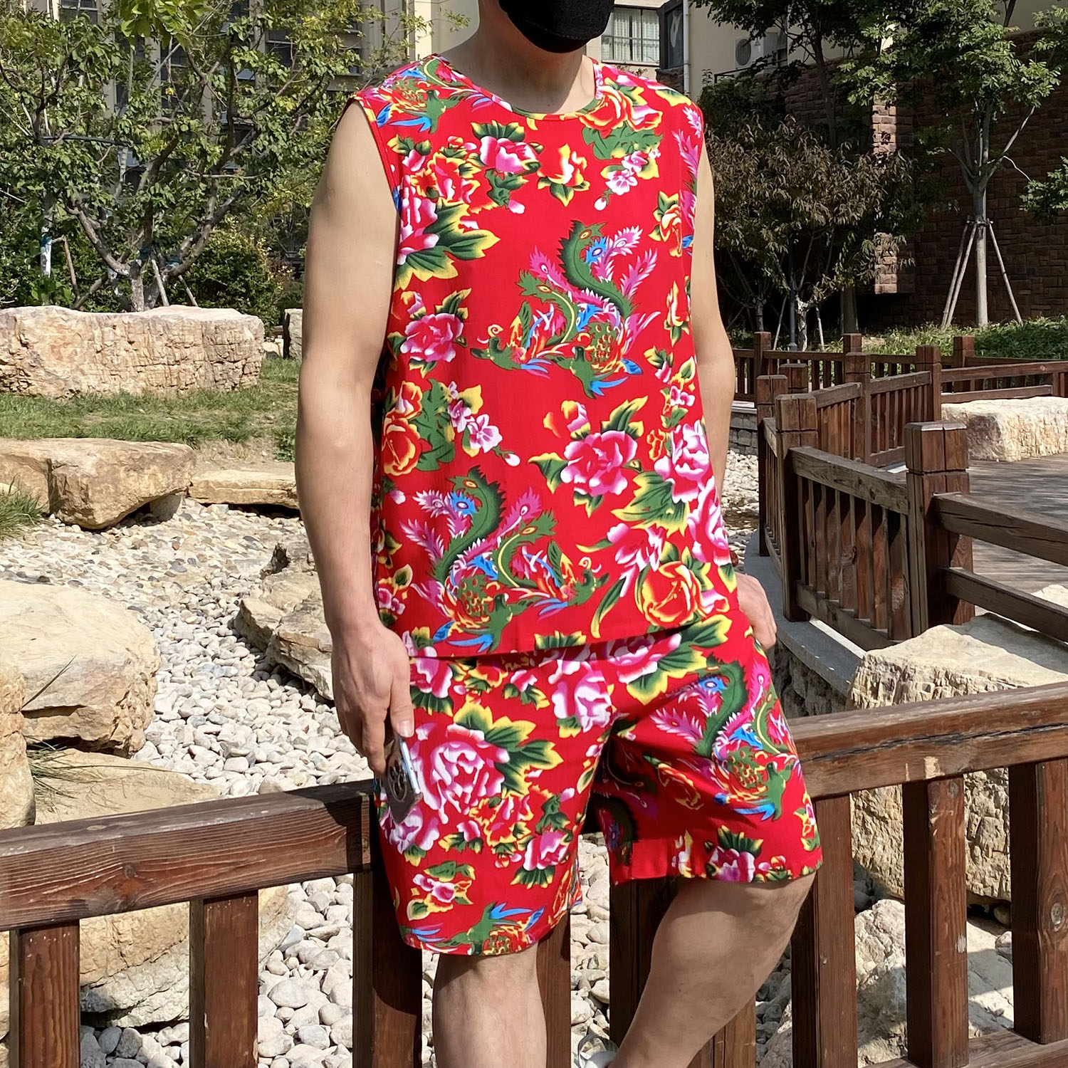 大码东北大花布背心男无袖上衣棉绸短裤人造棉睡衣家居服套装夏季