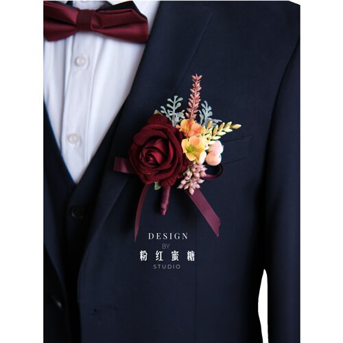 原创  高级韩式唯美森系酒红花新娘伴娘姐妹团婚礼胸花活动手腕花