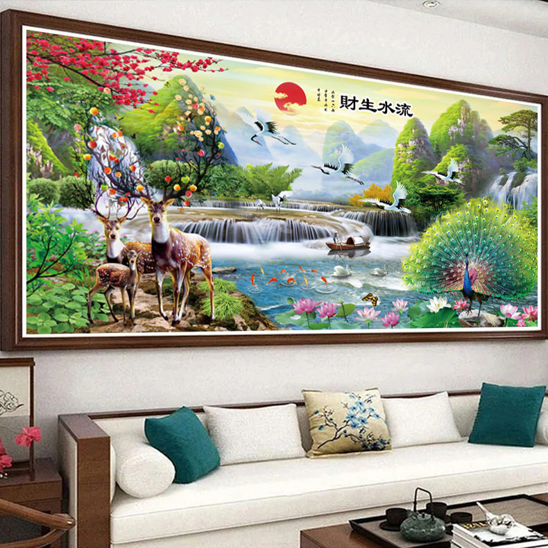 皇室蒙娜丽莎十字绣流水生财手工满绣客厅大幅风景画刺绣孔雀麋鹿