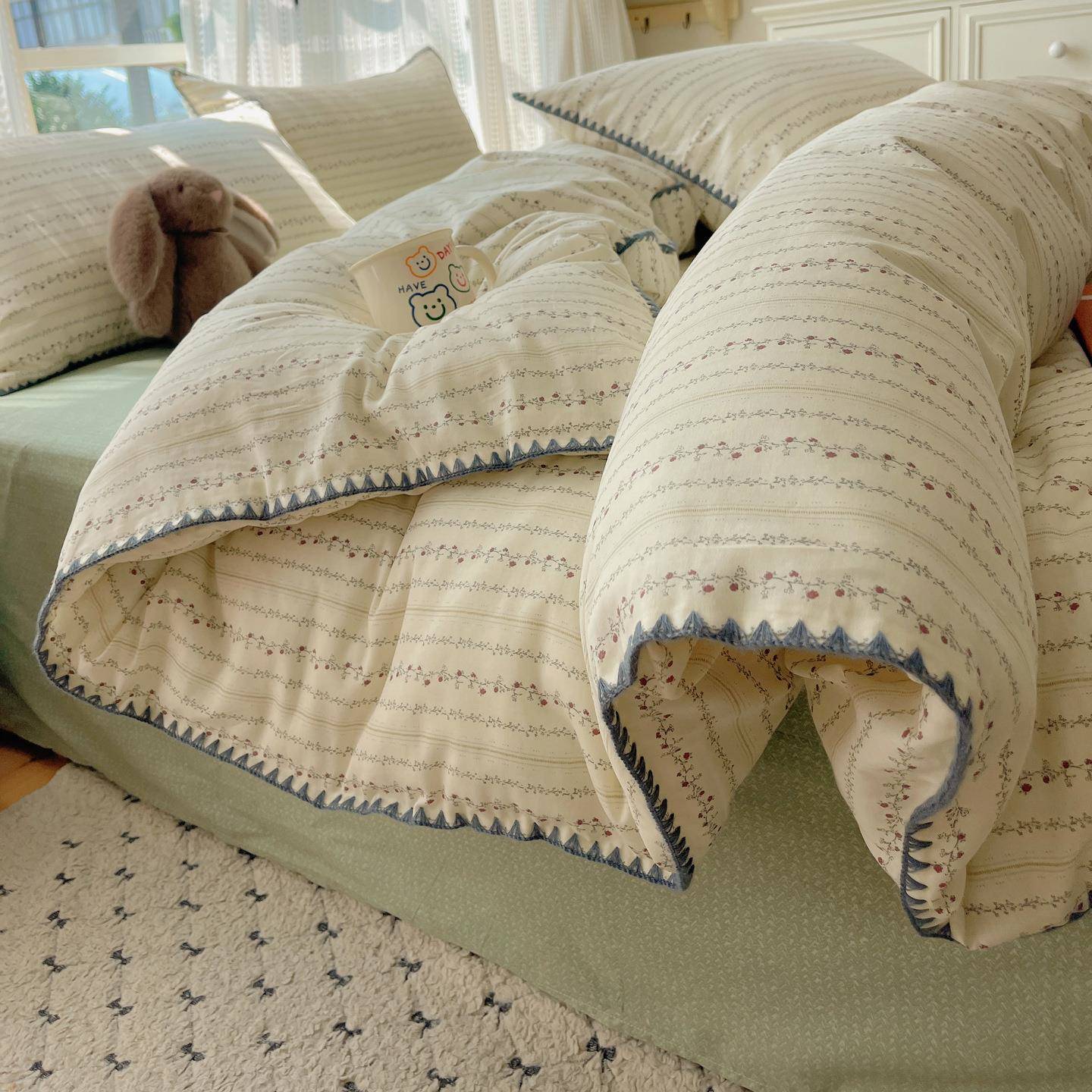 海门区晴舍纺织品厂ins全棉贝壳绣四件套100纯棉被套床单床笠南通