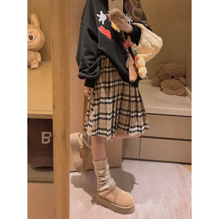 Yukiss 卡其色小个子加绒格子百褶半身裙女秋冬韩系宽松百搭A字裙