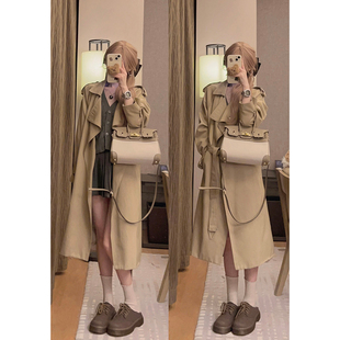 Yukiss 风衣外套女秋韩系宽松百搭小个子大衣设计感 卡其色中长款