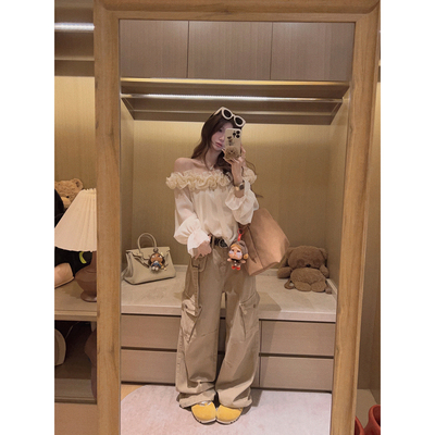 Yukiss 卡其色小个子阔腿直筒牛仔裤女春韩系松弛感多口袋工装裤