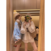 女夏韩系设计感宽松百搭上衣 娃娃衫 Yukiss 蓝色重工刺绣麻棉衬衫